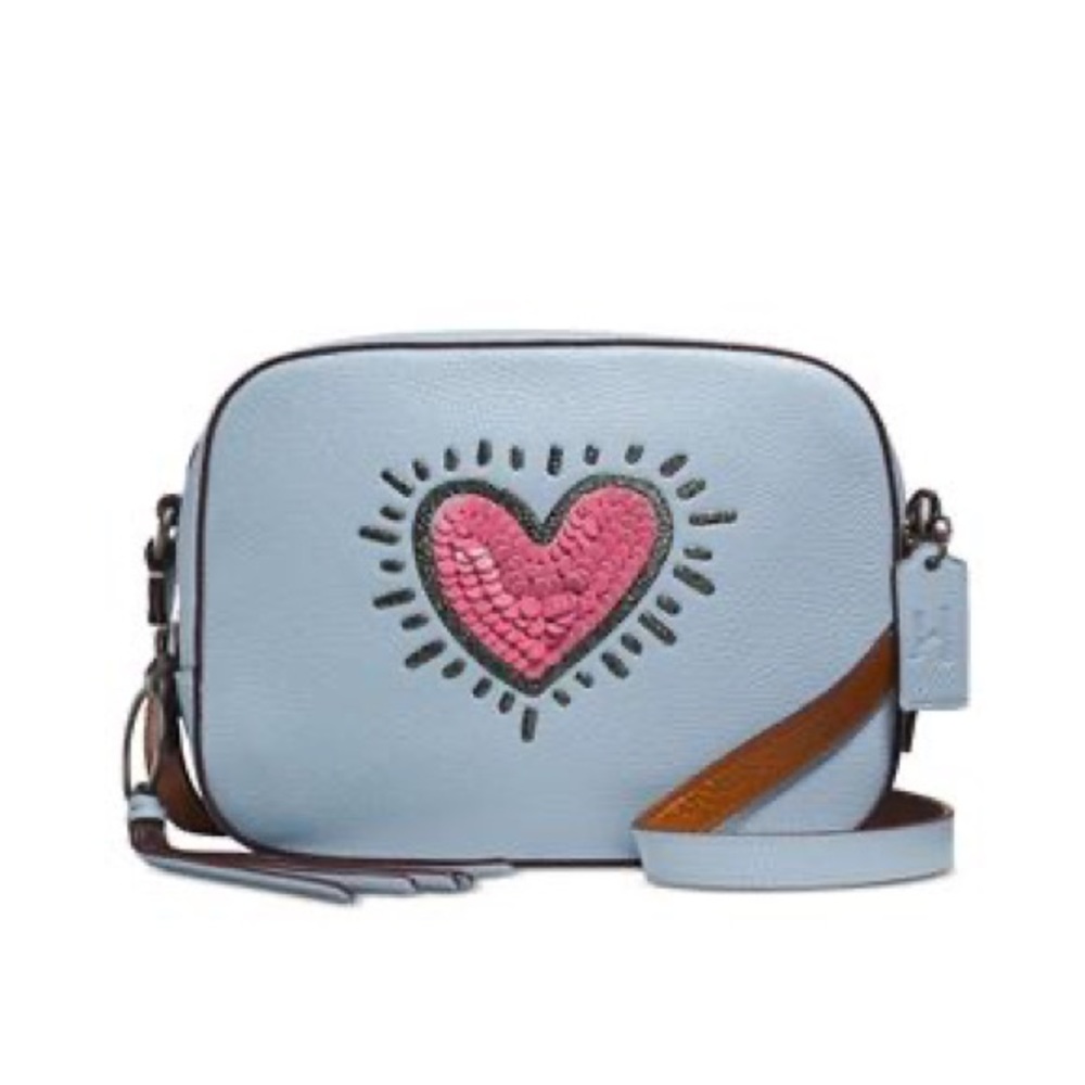 COACH Keith Haring Sequined Heart Leather Crossbody Camera Bag in Ice Blue